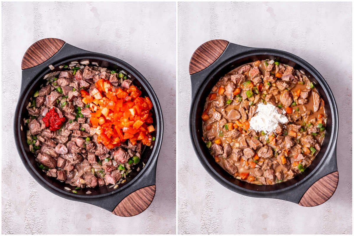 meat, vegetables, and flour in a pot.