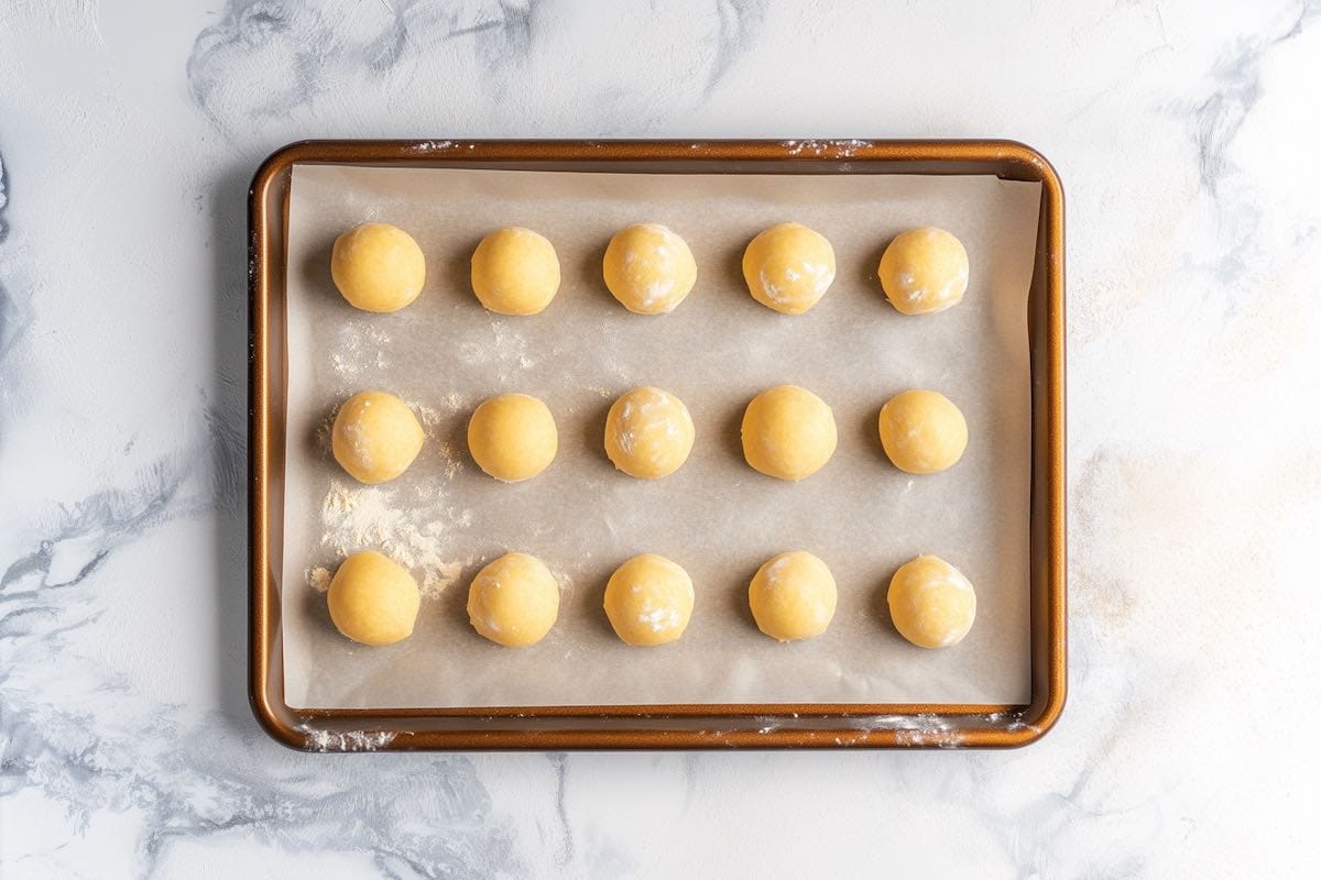 unbaked donut holes in baking sheet.