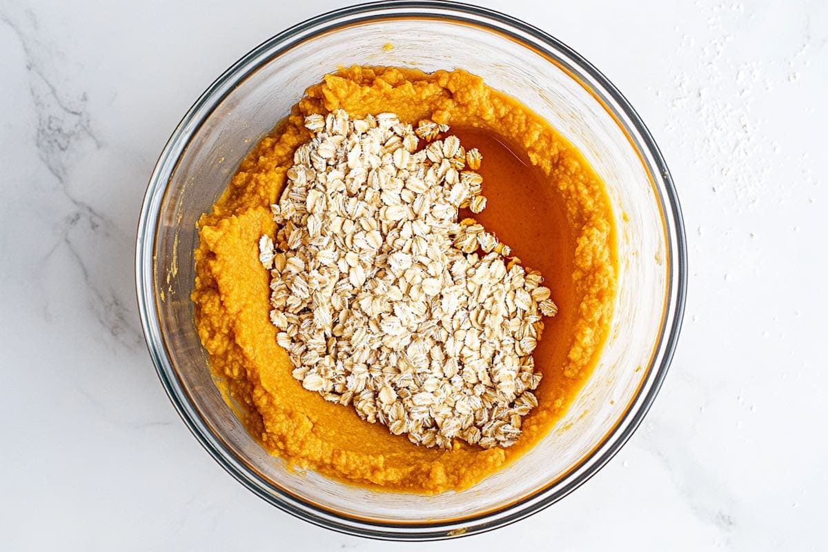 oats, pumpkin puree, and maple syrup in a mixing bowl.