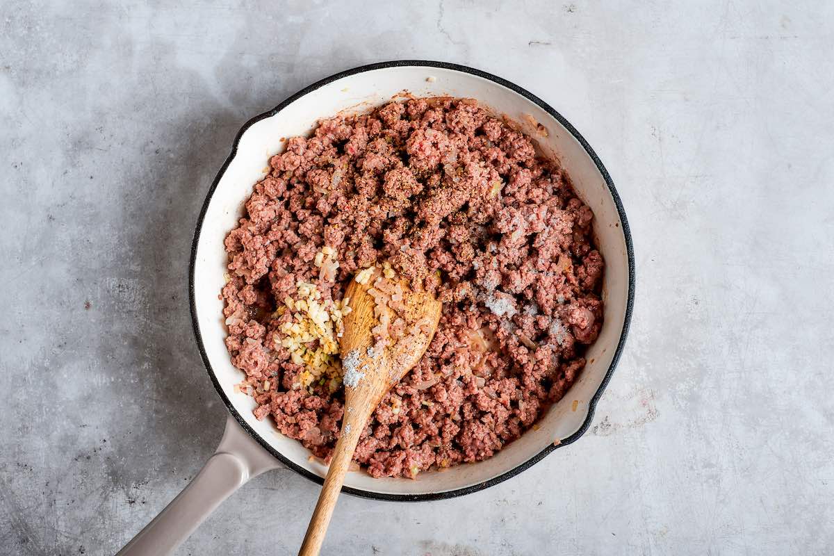 ground beef filling in a skillet.