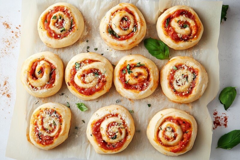 assembled and un-baked pizza rolls.