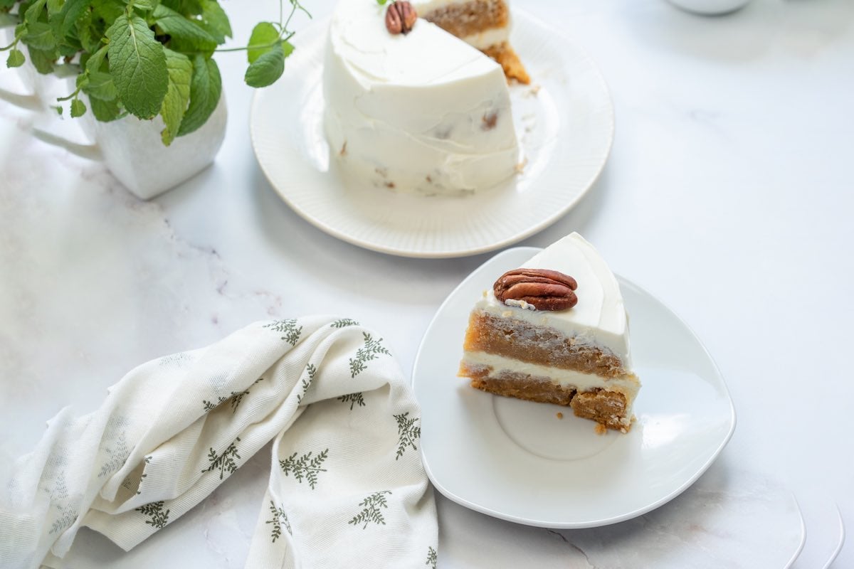 frosted and sliced pumpkin cake.