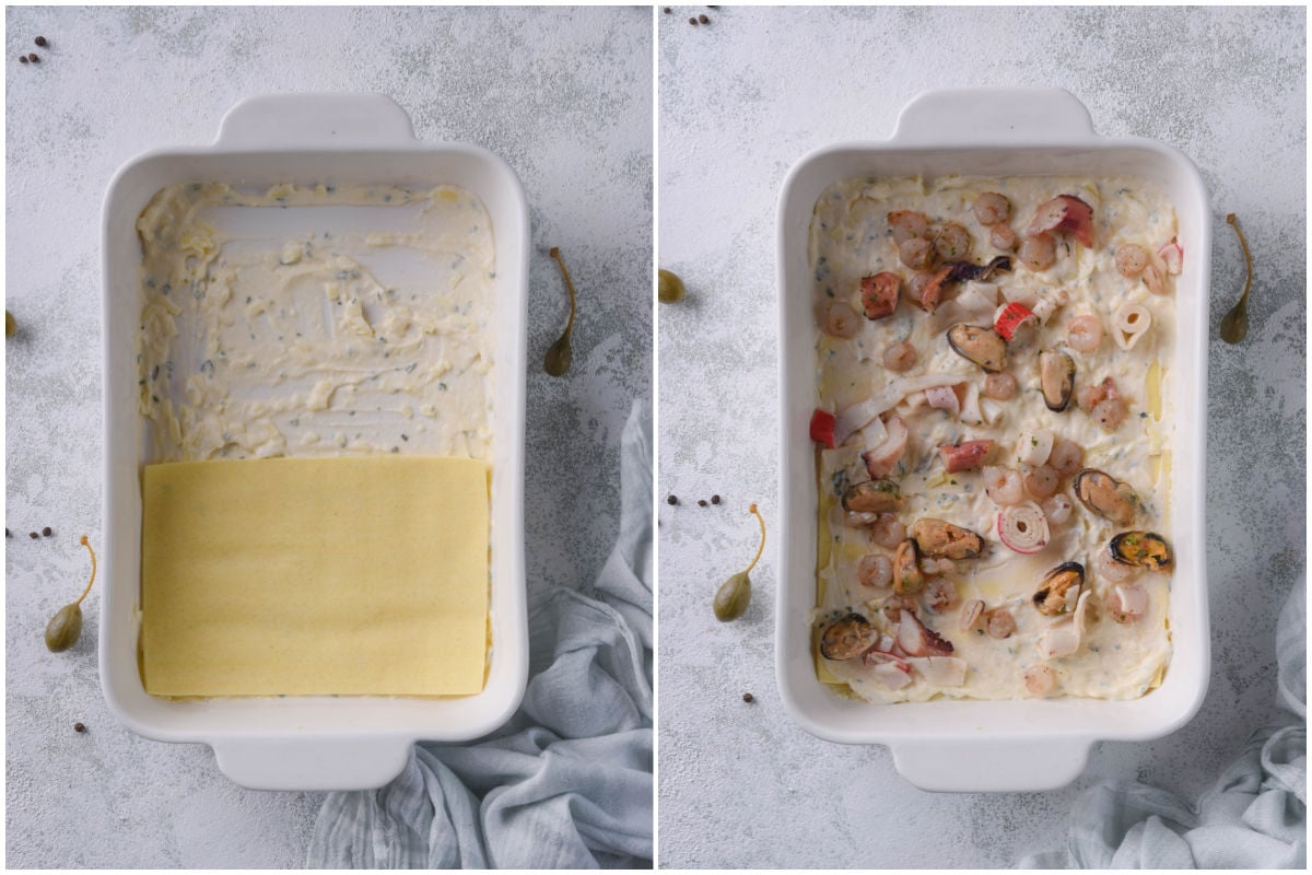 layering a lasagna with seafood, pasta, and white sauce.