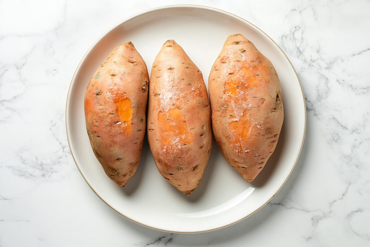 scrubbed and washed raw sweet potatoes on a plate.