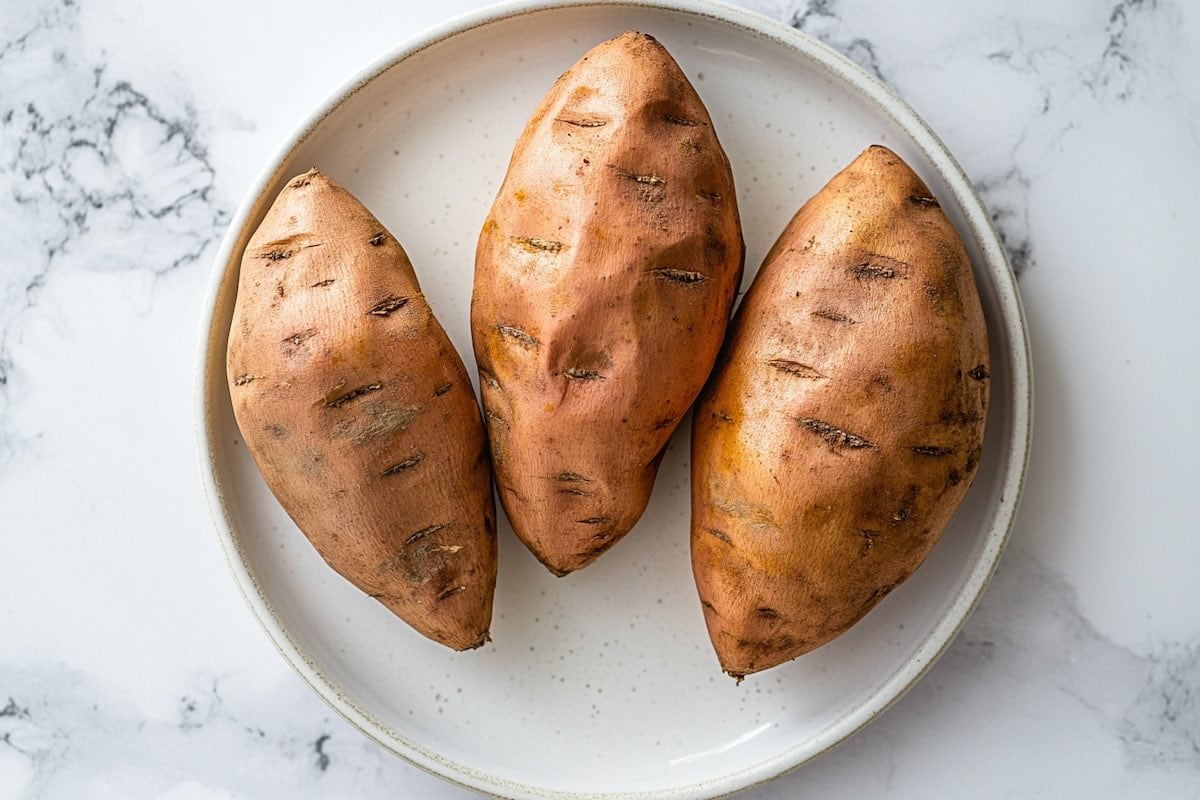 microwaved sweet potatoes on a plate.