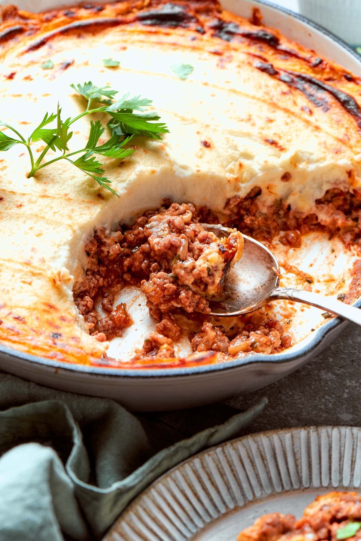 low carb shepherd's pie with a creamy cauliflower topping.