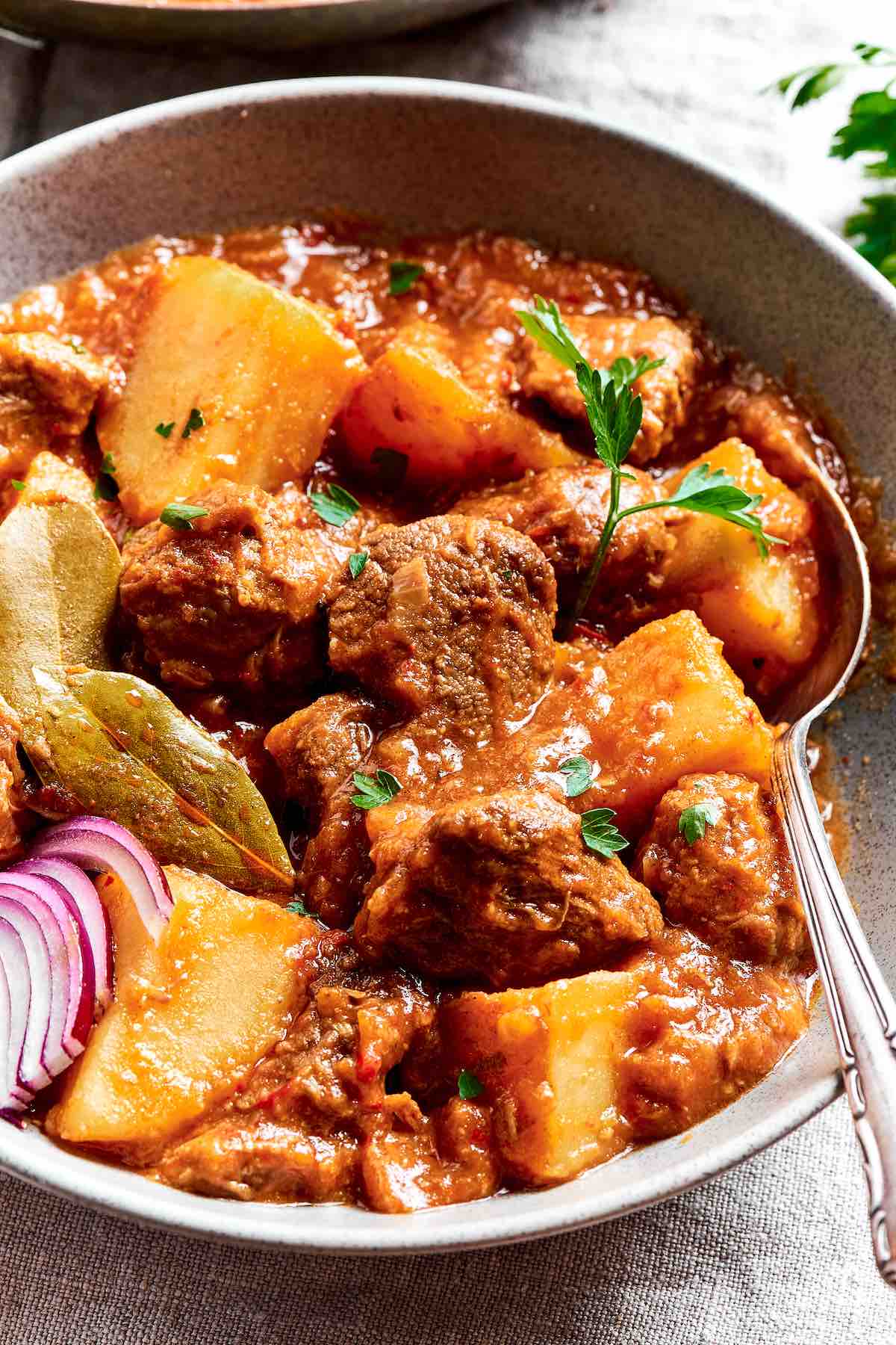 lamb vindaloo in a bowl with fresh herbs on top.