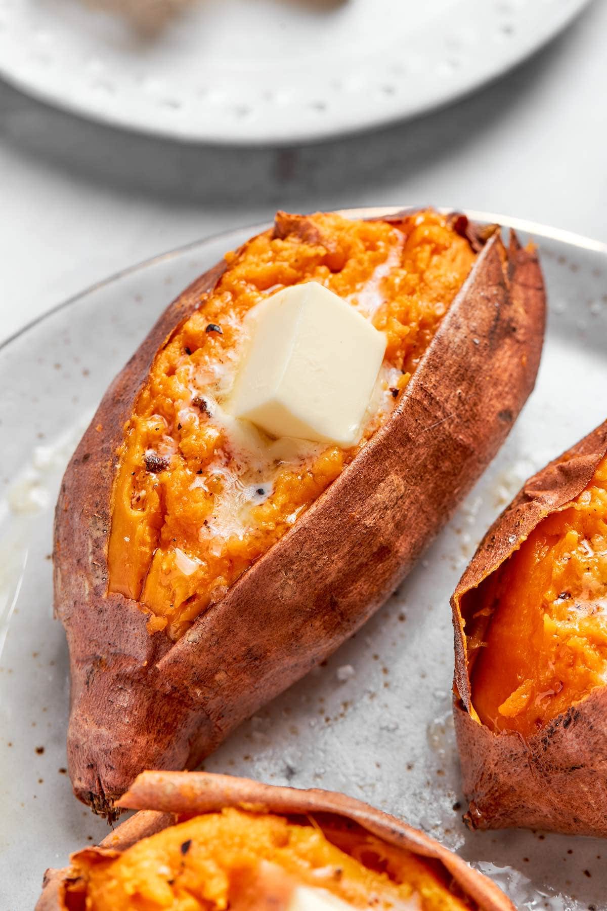 microwave whole sweet potato with melted butter.