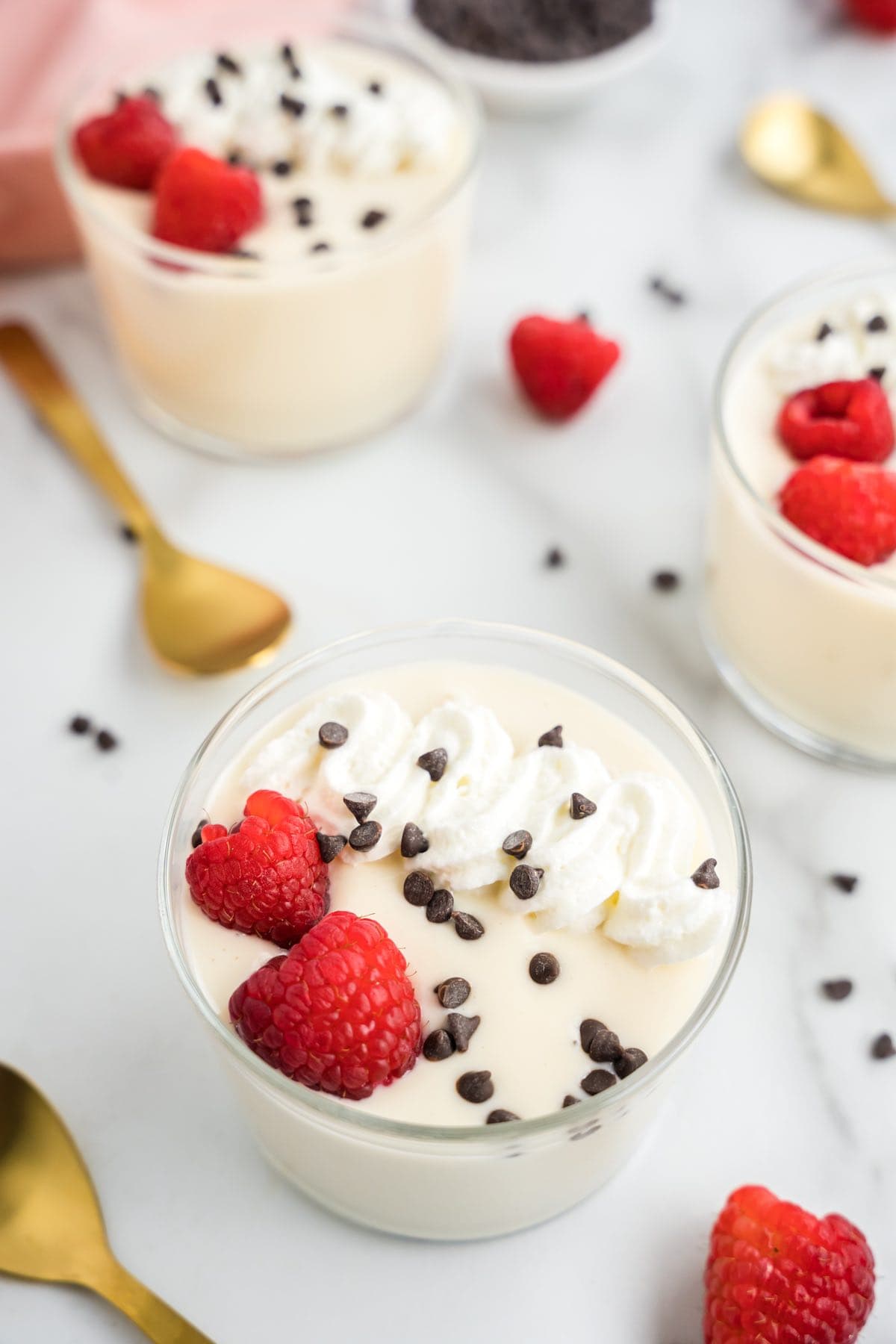 protein pudding with raspberries and whipped cream on top.