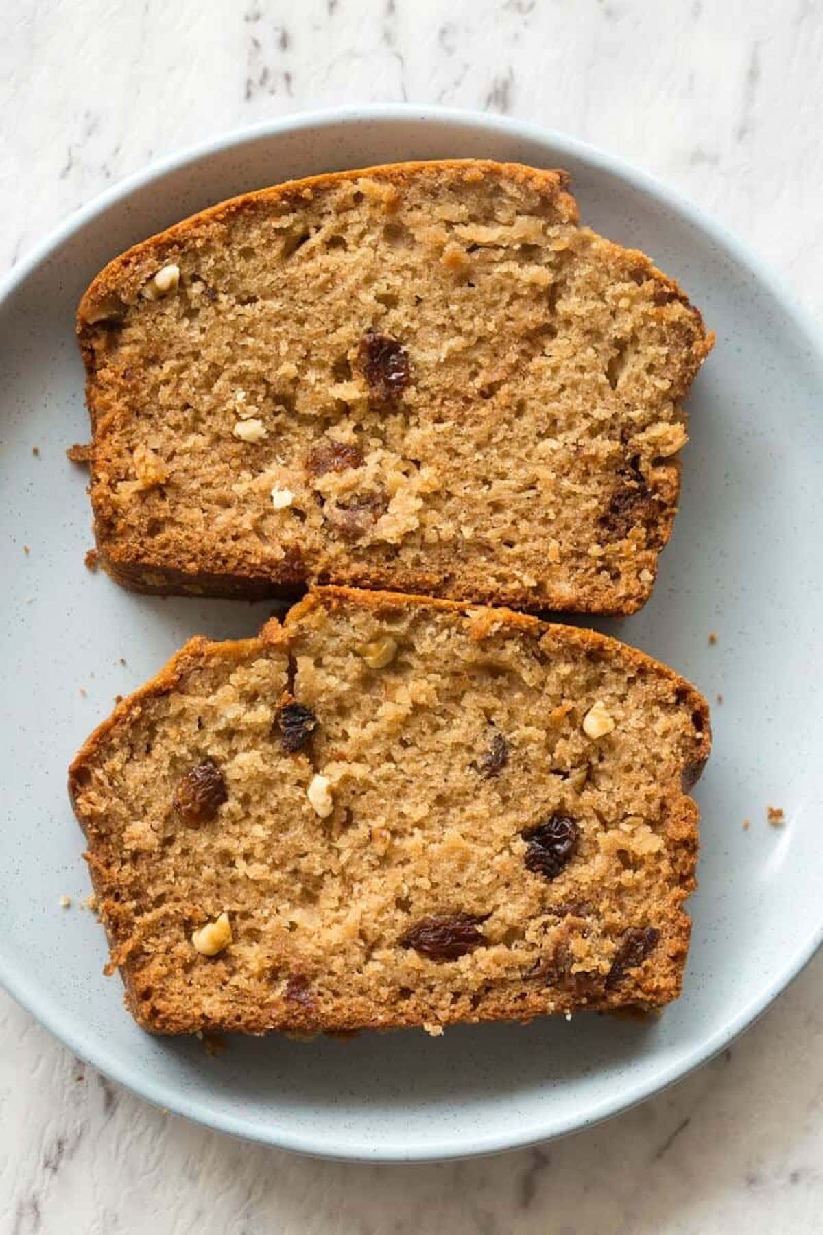 slice of applesauce bread on a plate.