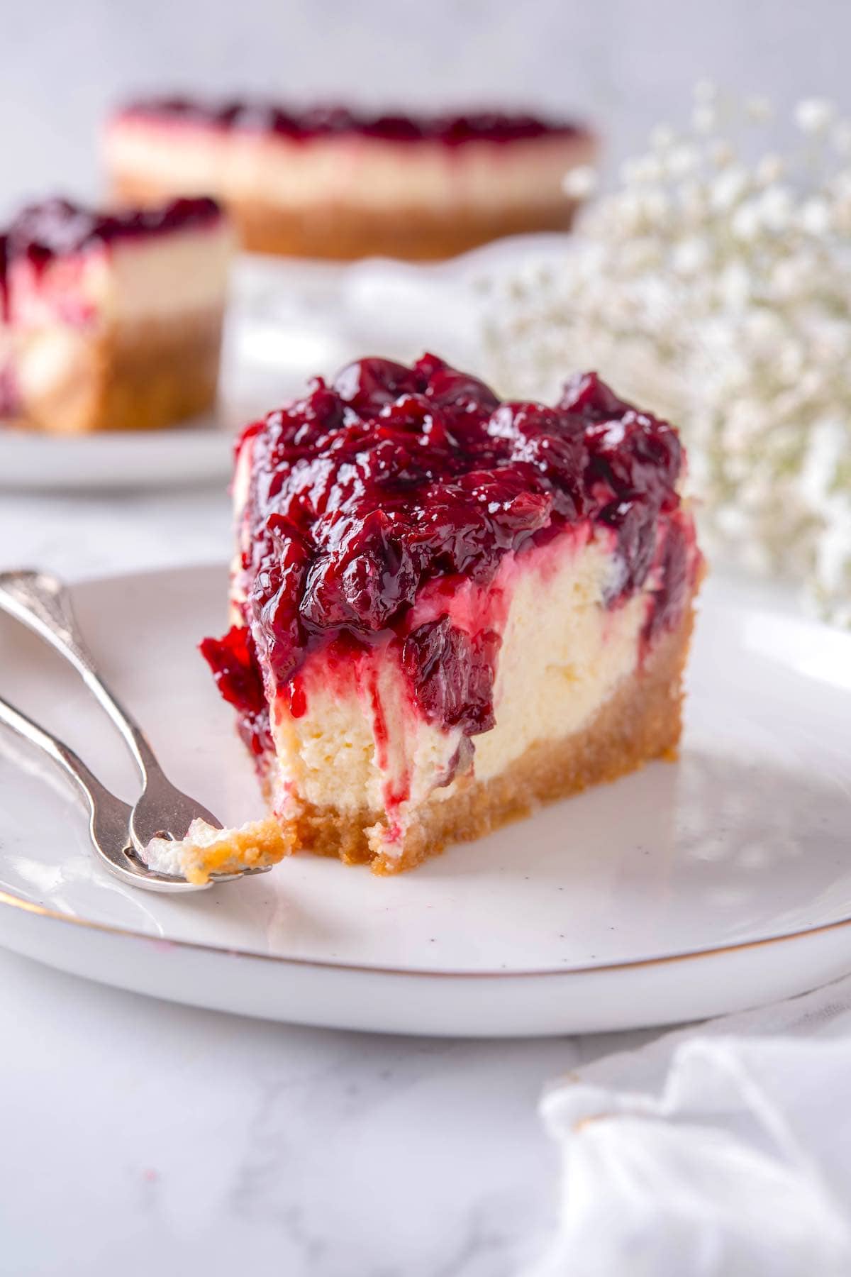 slice of cherry cheesecake.