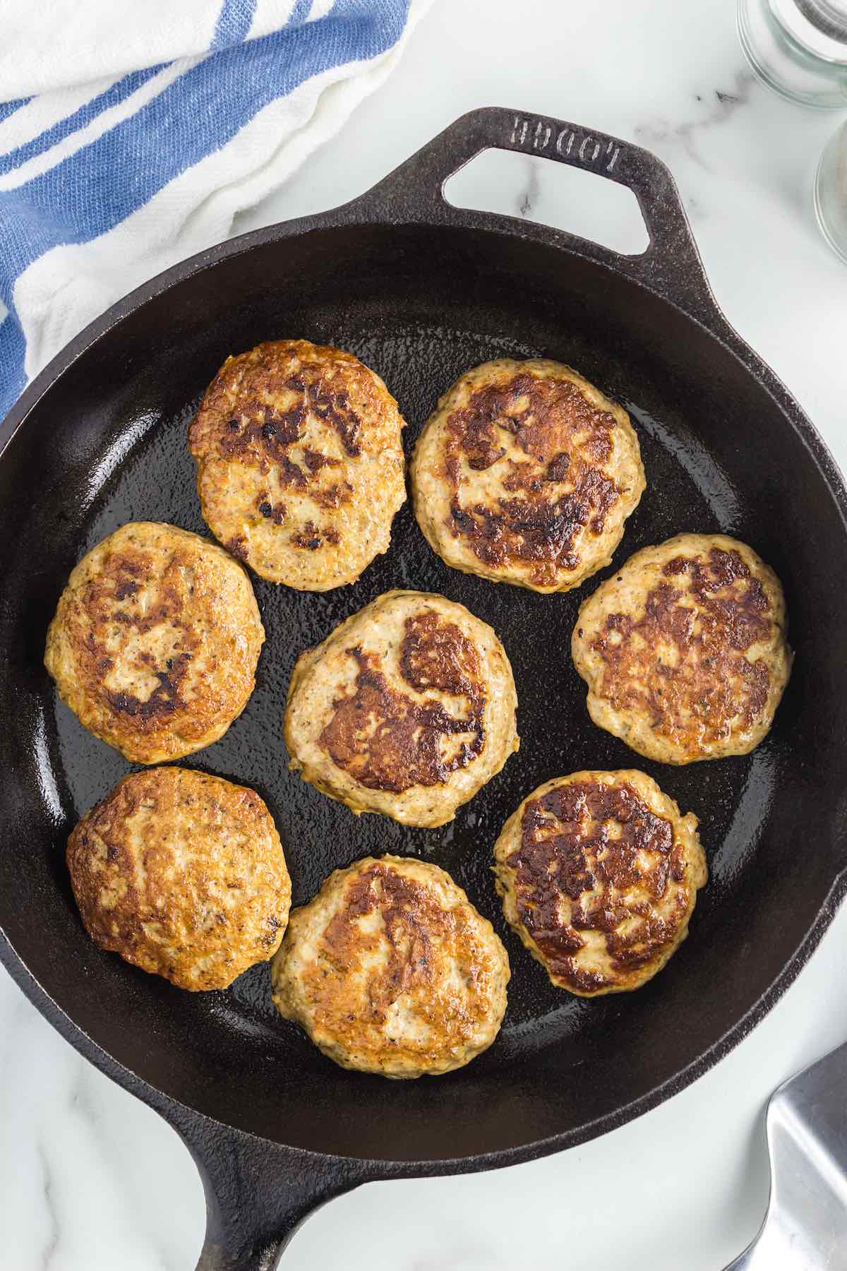 chicken sausage in a skillet,