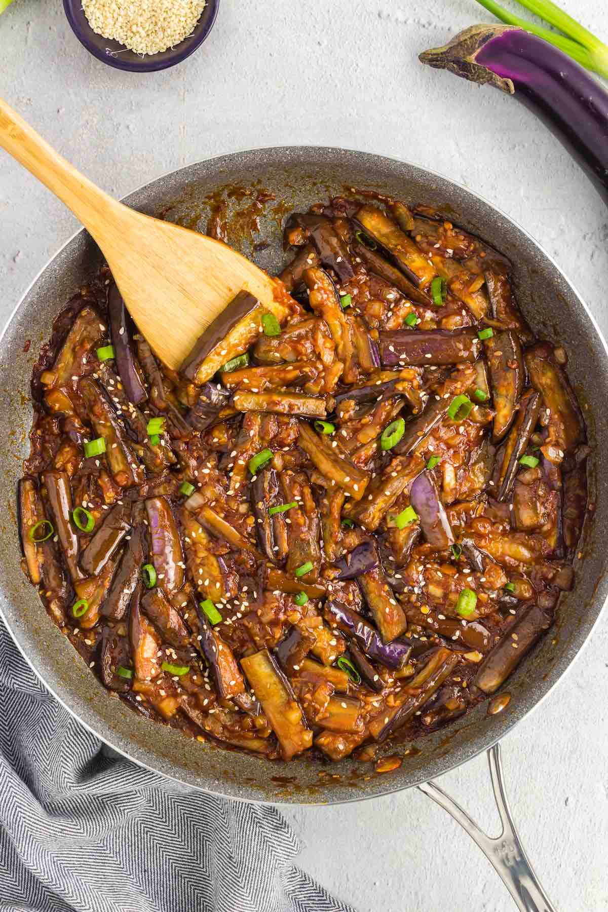 chinese eggplant in a skillet.