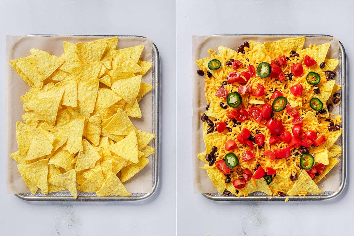 corn chips, cheese, black beans, tomatoes, and jalapenos on a baking sheet.