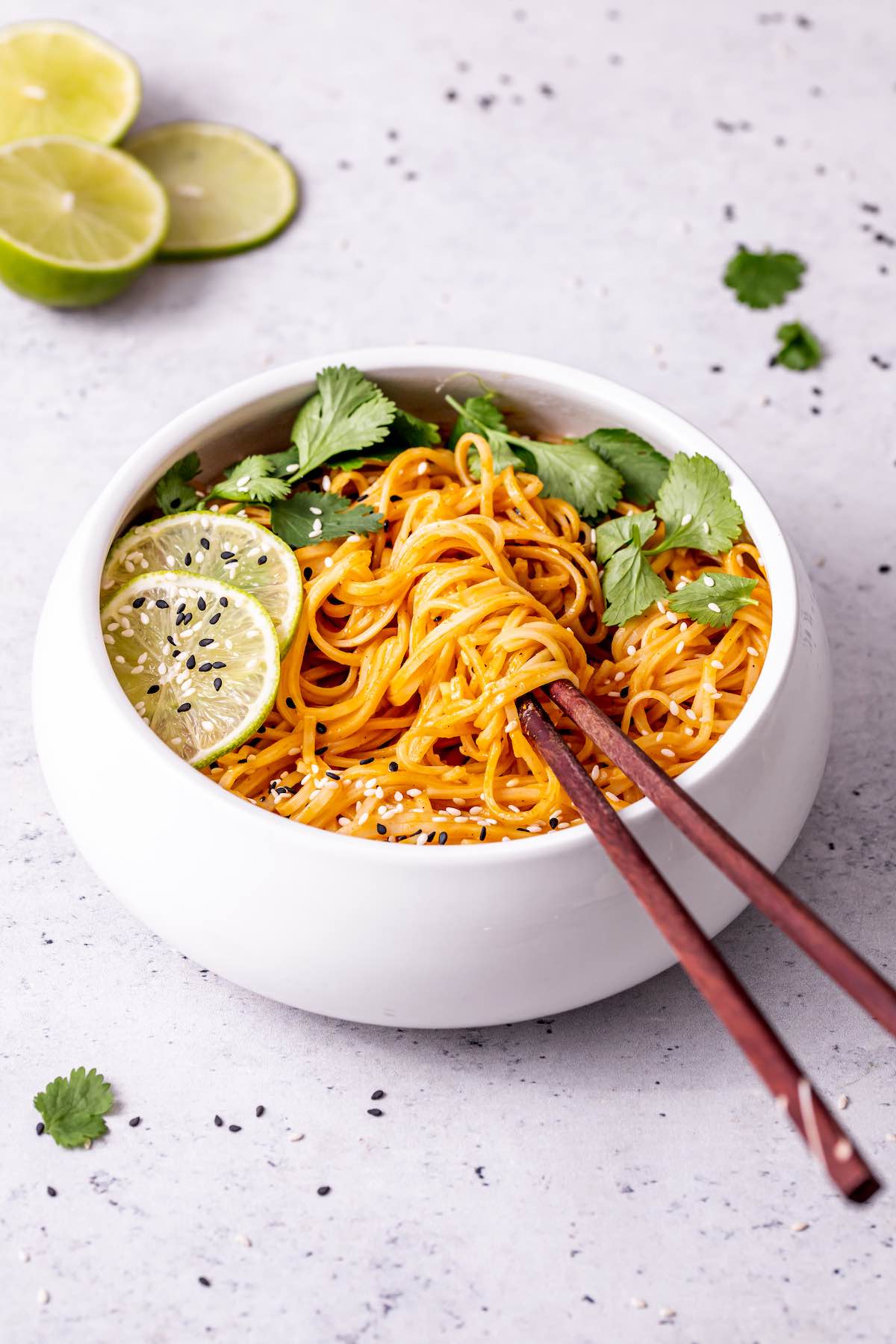 red curry noodles in a bowl.