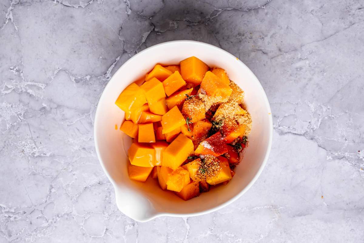 chopped butternut squash in a bowl.