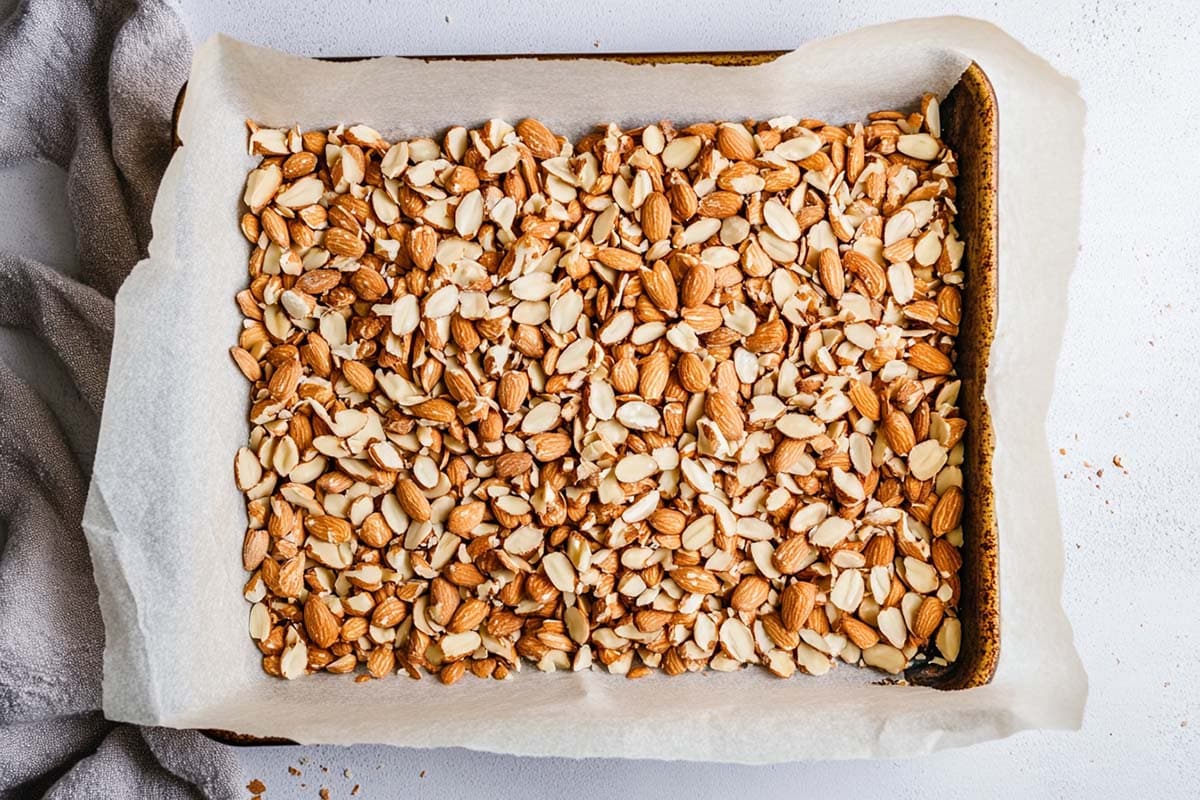 chopped almonds on baking sheet.