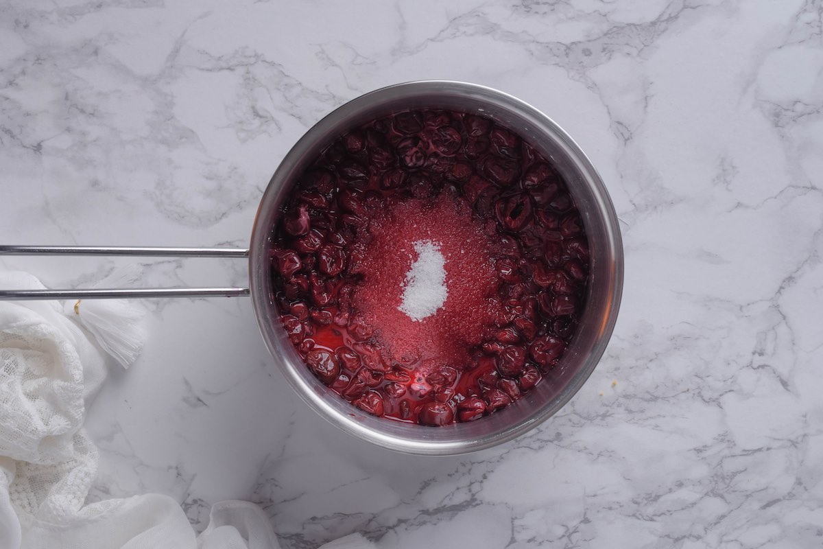 cherries and sugar in a saucepan.