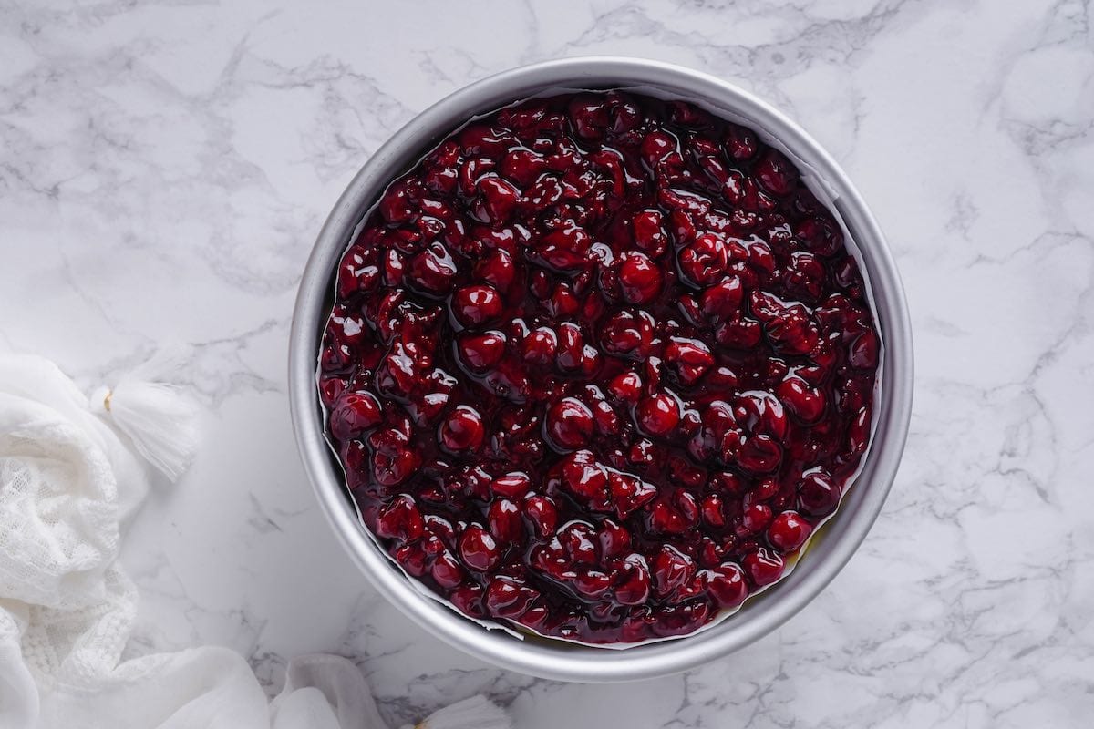 cherry filling on top of cheesecake base.