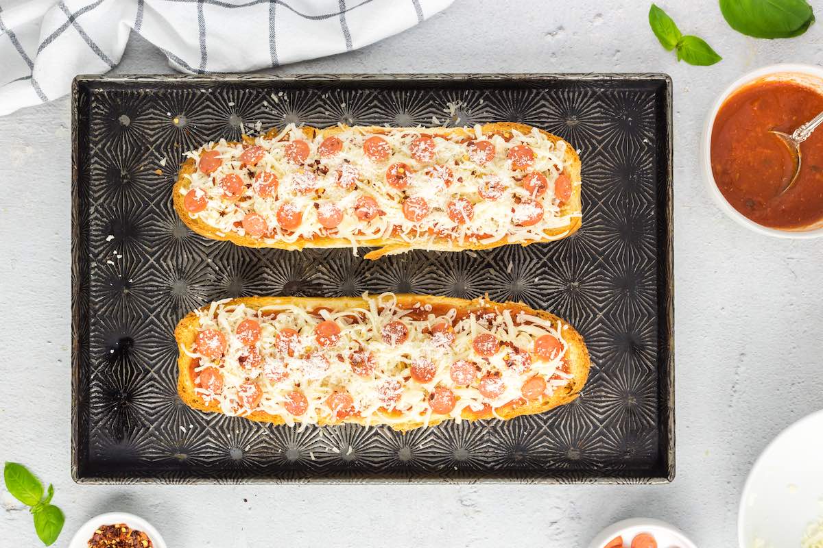 french bread with tomato sauce, cheese, and mini pepperoni.