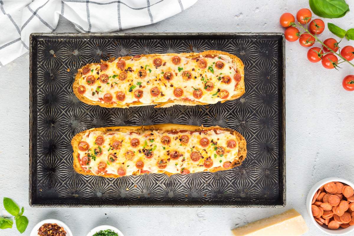 freshly baked french bread pizza.