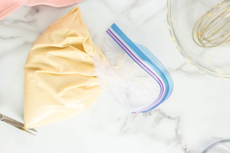 cake batter in a ziplock bag.