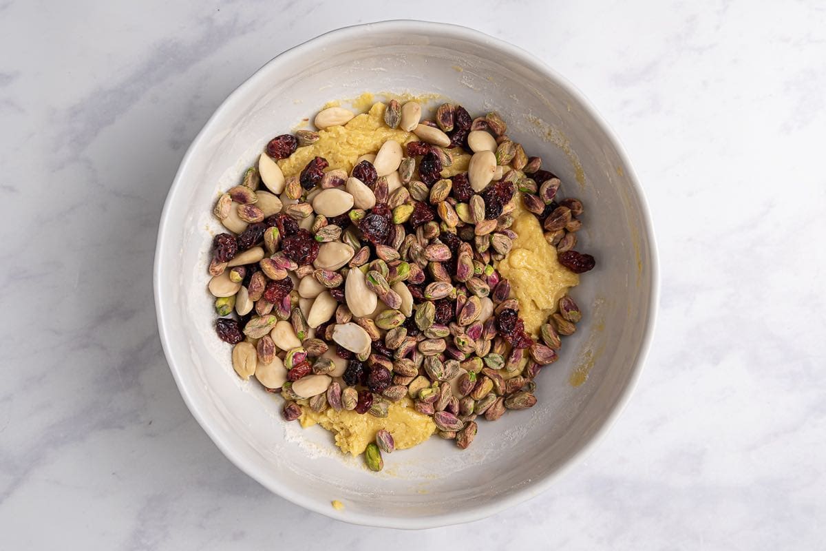 dough with dried fruit, nuts, and pistachios.