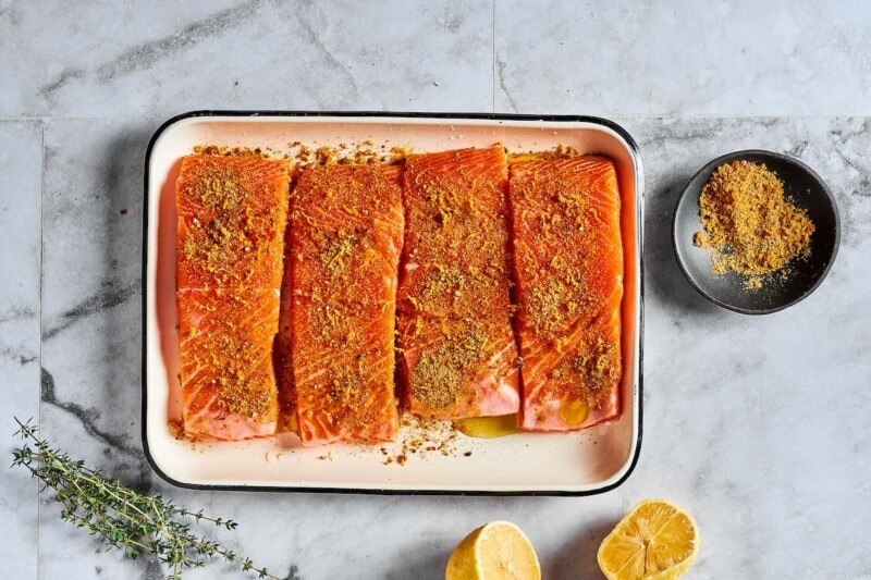 seasoned raw salmon fillets.