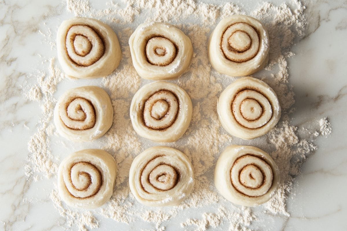 sliced cinnamon rolls in a floured surface.