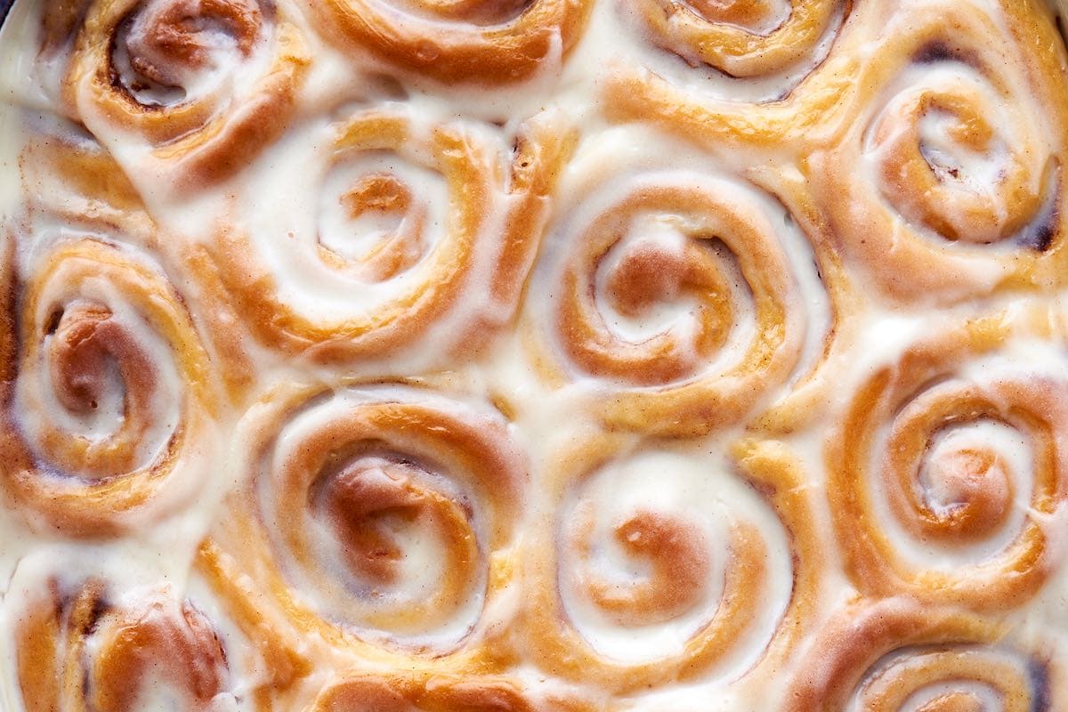 assembled no yeast cinnamon rolls with frosting.