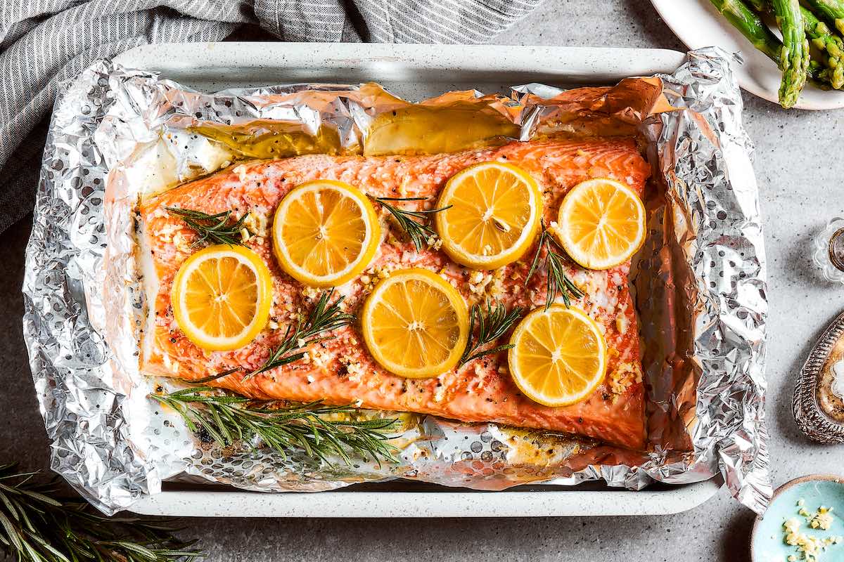 baked salmon on foil.