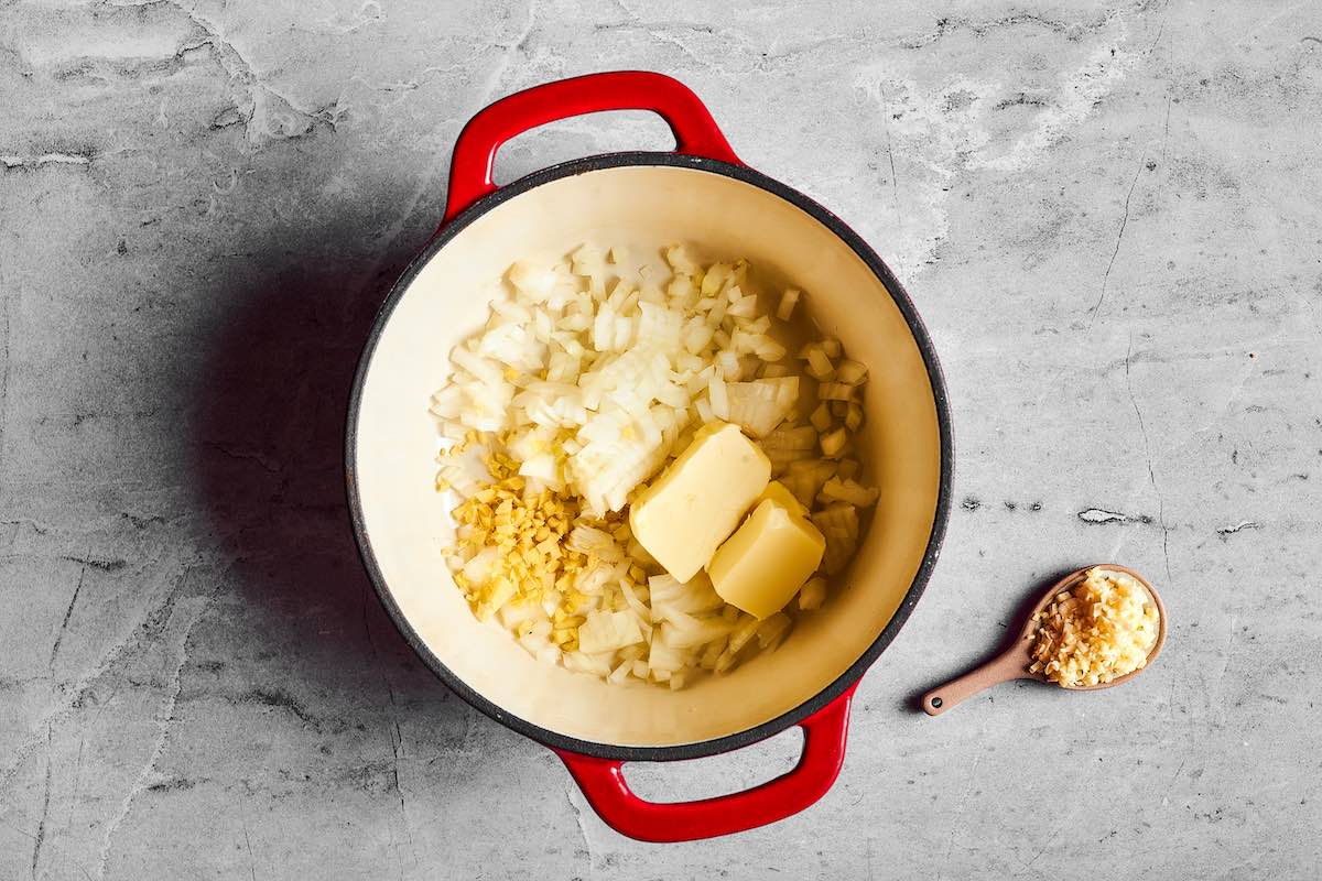 aromatics and butter in a skillet.