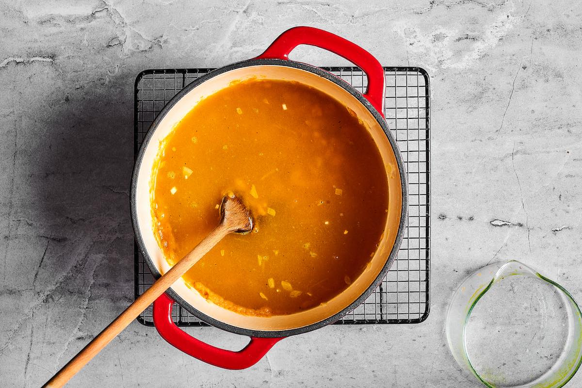 simmering soup in a stock pot.