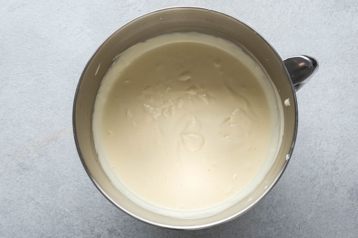 cheesecake filling in a mixing bowl.