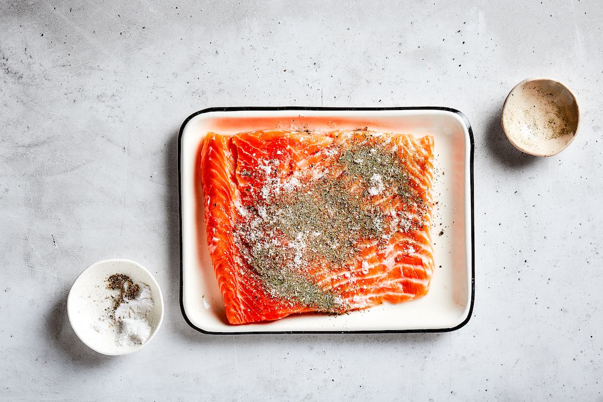 salmon fillet with salt and pepper.