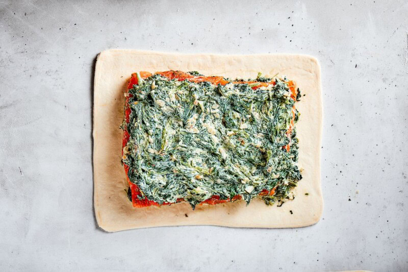 puff pastry with creamy spinach filling and salmon.