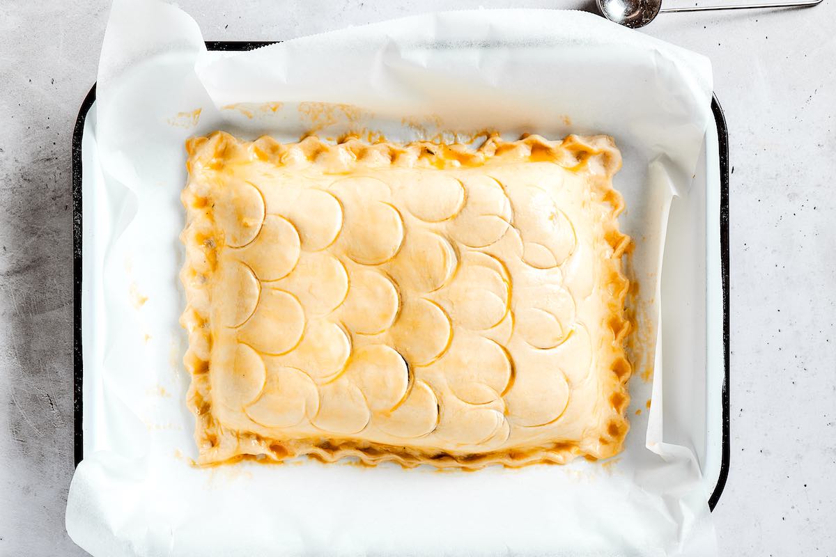 assembled puff pastry with salmon filling.