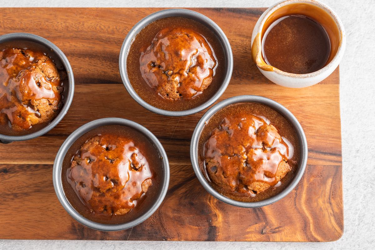 assembled sticky toffee puddings.