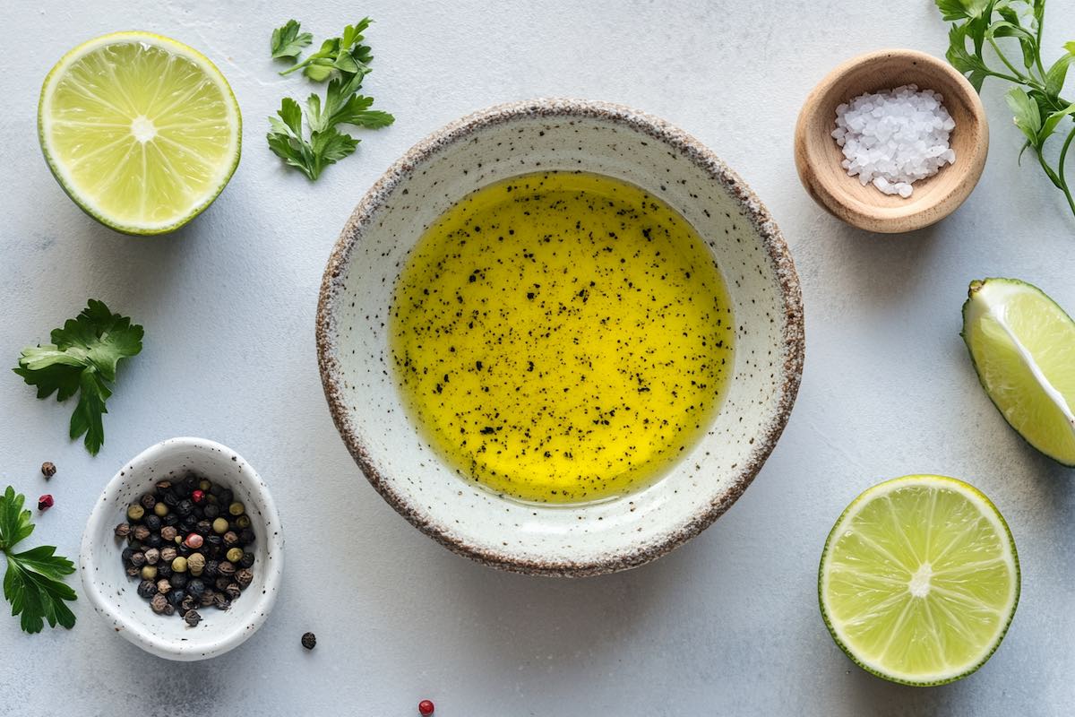 lime juice, olive oil, salt, and pepper in a bowl.