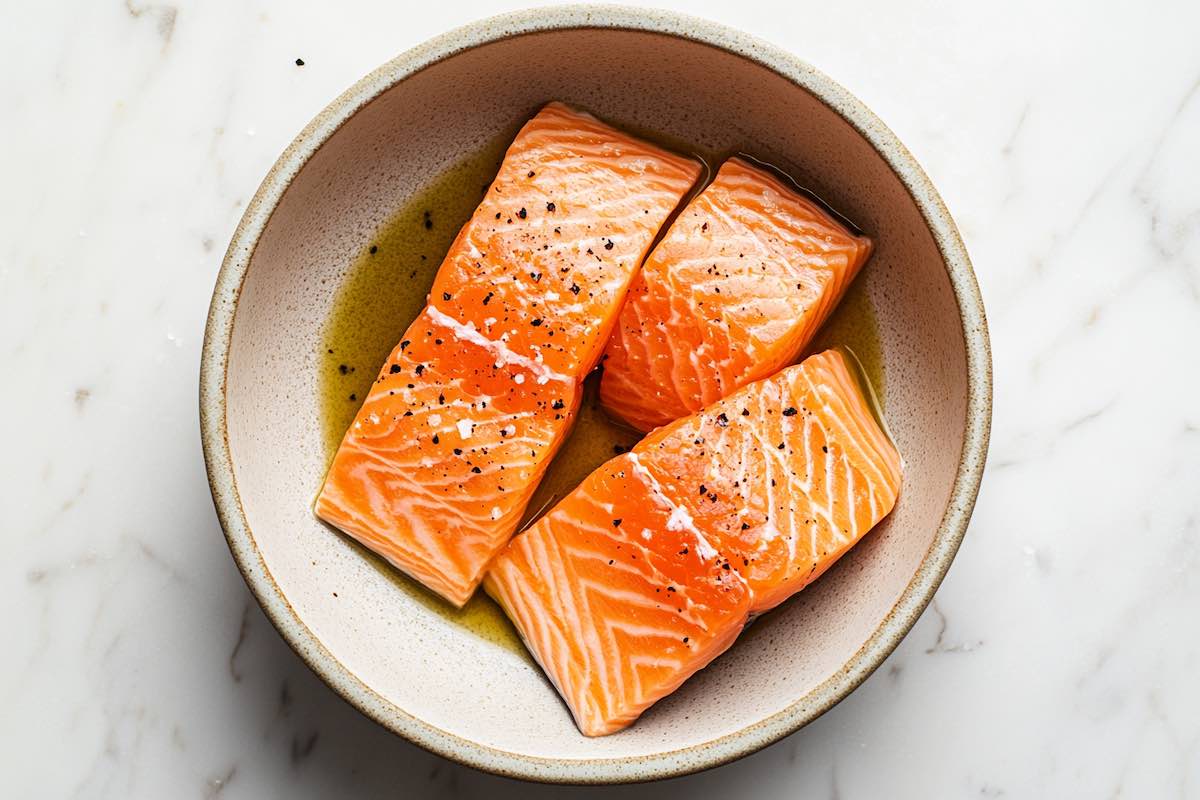 salmon fillets in olive oil with salt and pepper and lime juice.