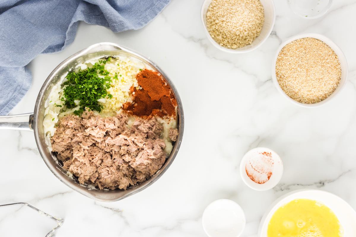 mashed potatoes with tuna, spices, and fresh herbs.