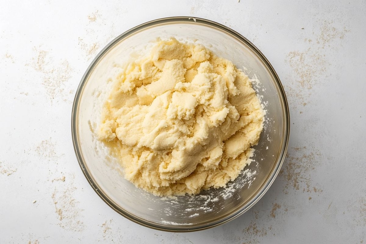 flour, butter, and powdered sugar in bowl.