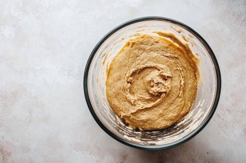 muffin batter in a mixing bowl.