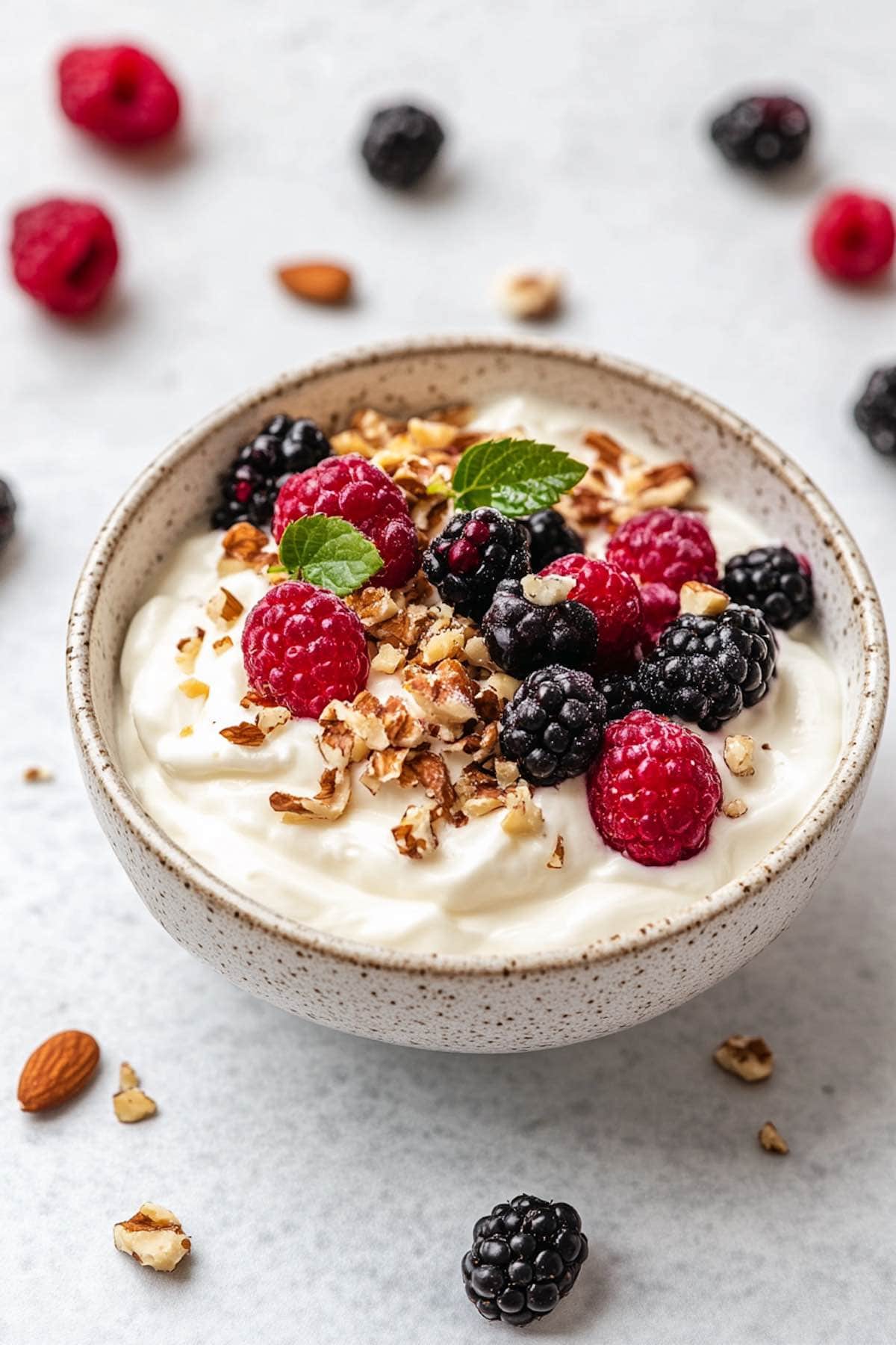 keto yogurt with chopped walnuts, blackberries, and raspberries in a bowl.