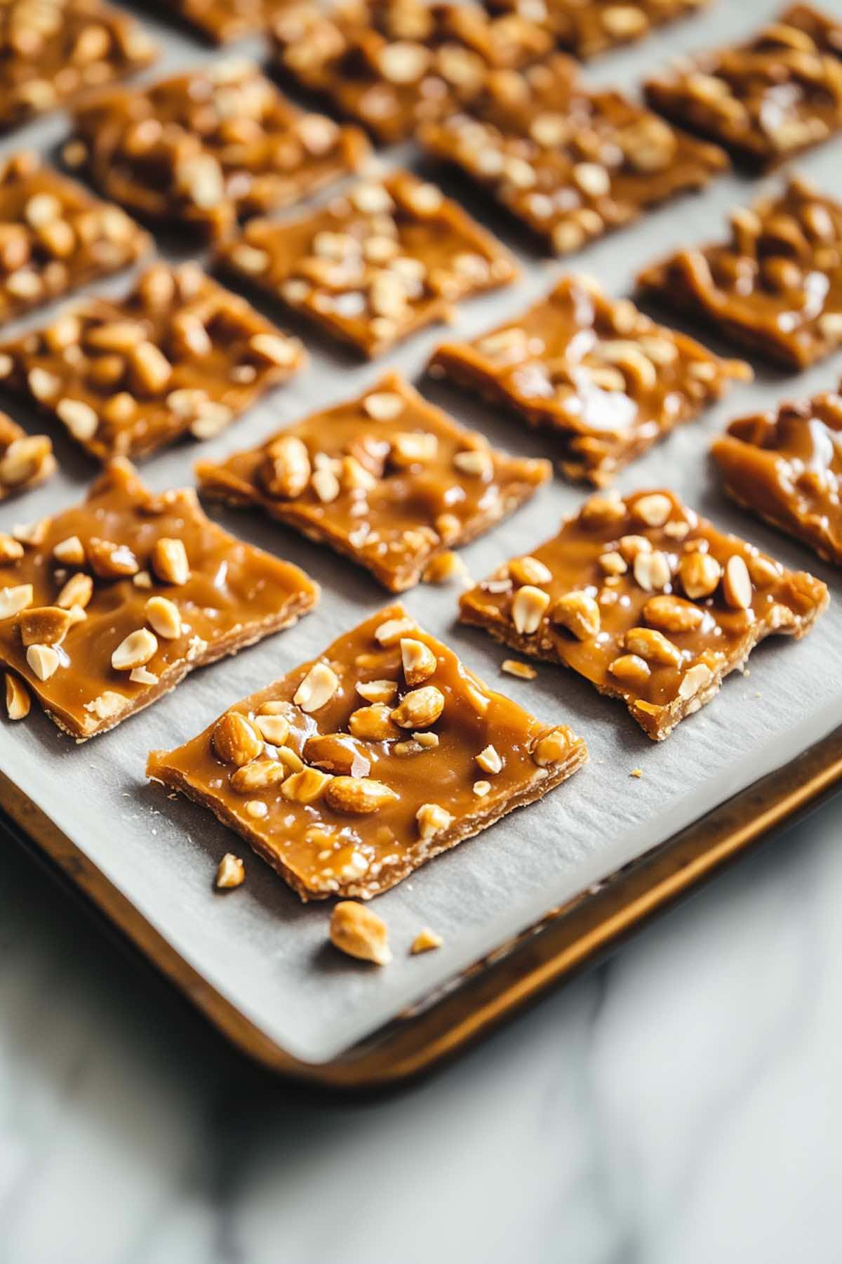 peanut brittle chilling on a baking sheet.