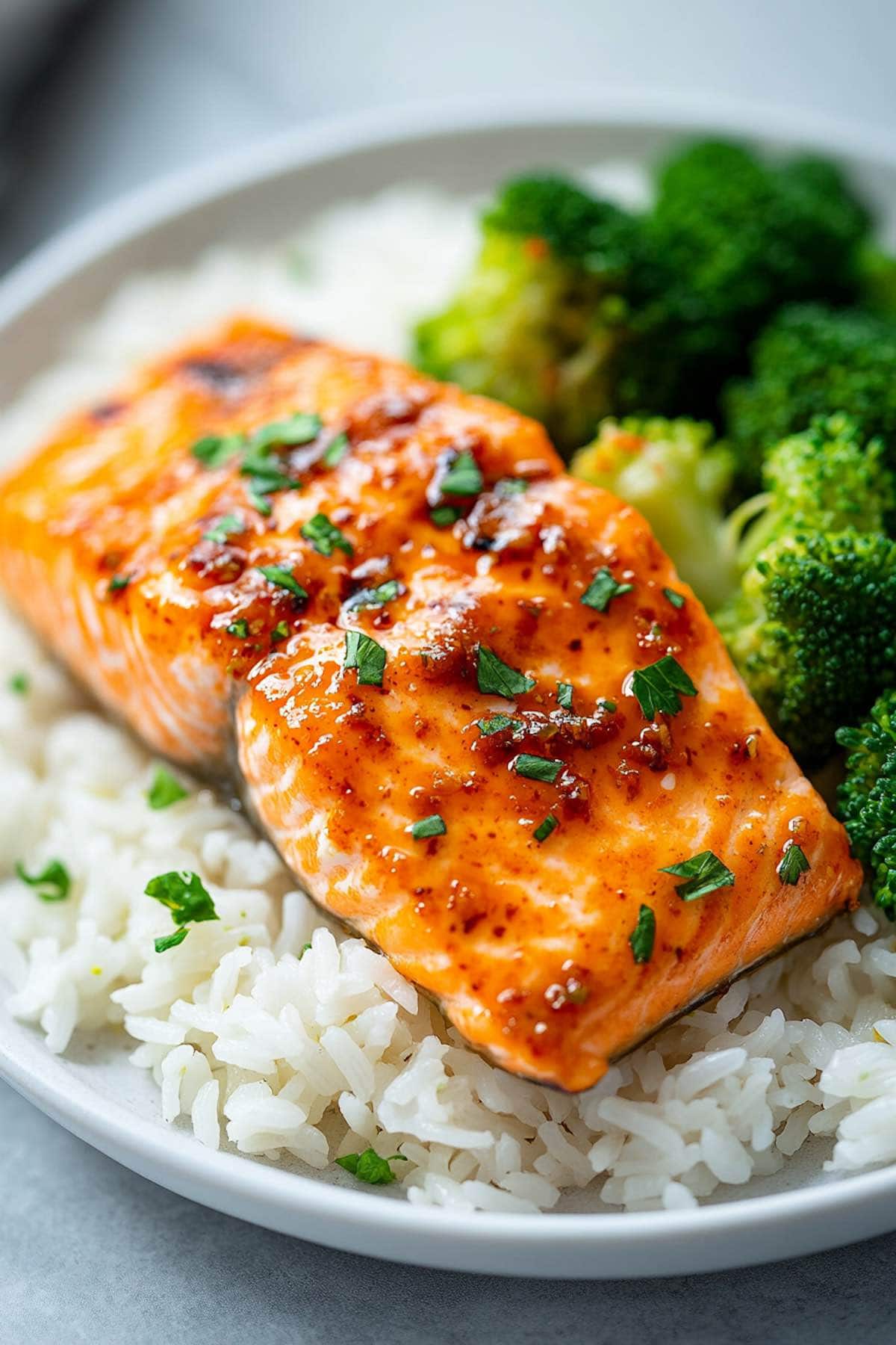 sweet chili salmon over white rice with broccoli.