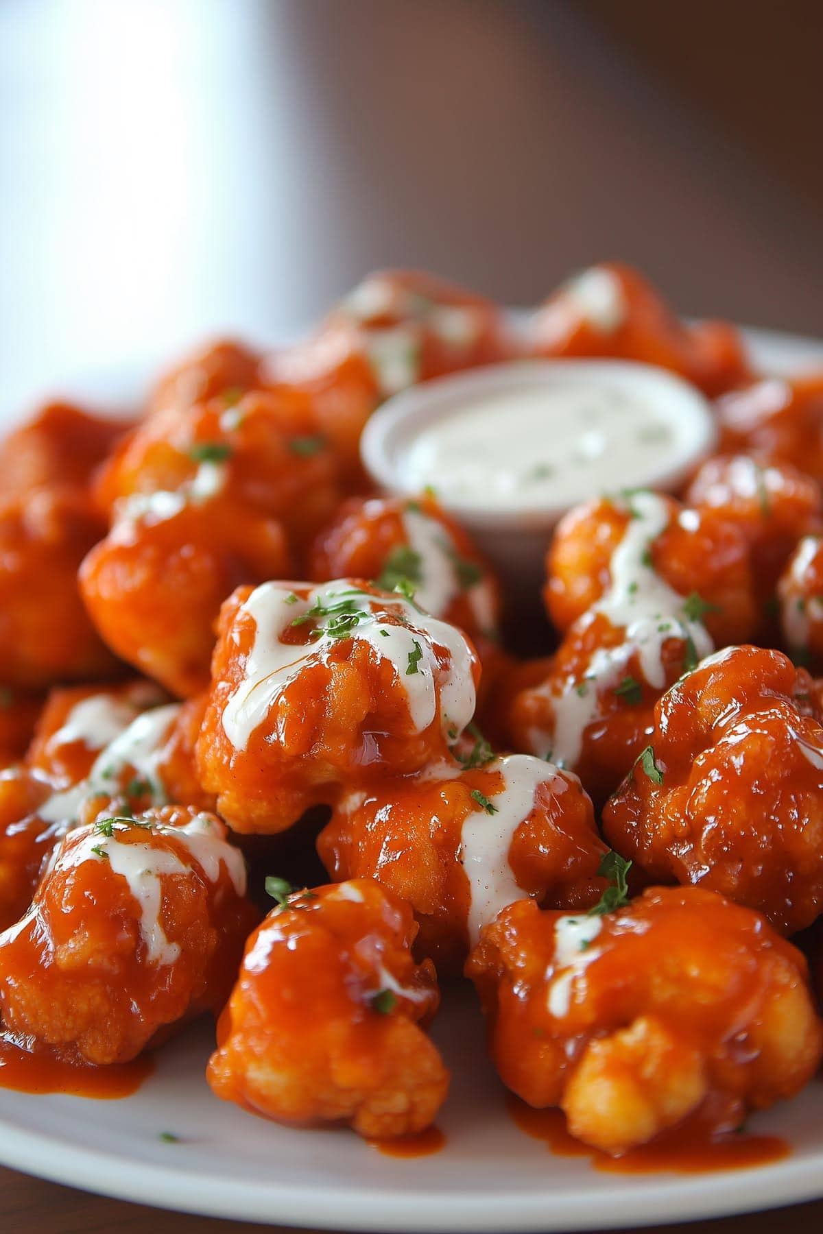 air fryer buffalo cauliflower with ranch dressing.