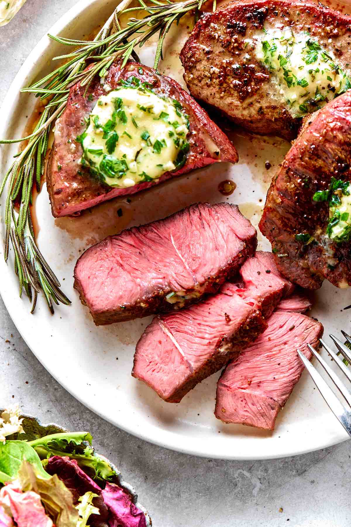 air fryer filet mignon with garlic butter.