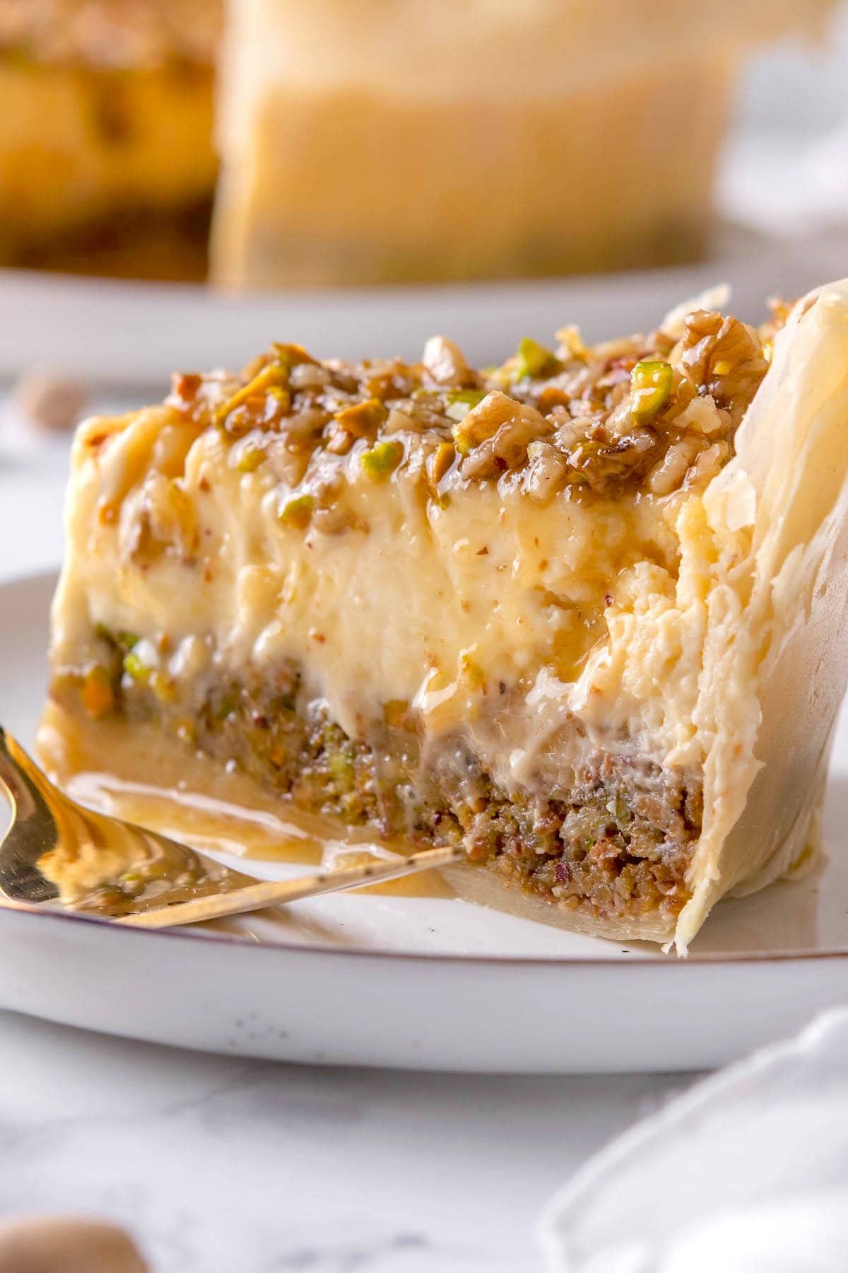 slice of baklava cheesecake.