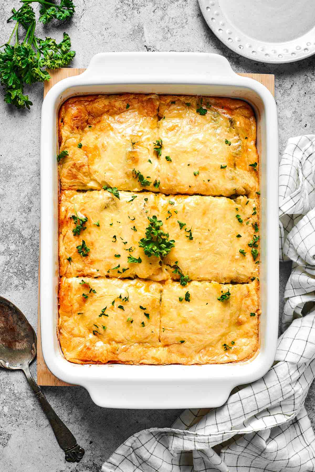 homemade chili relleno casserole in a baking dish.